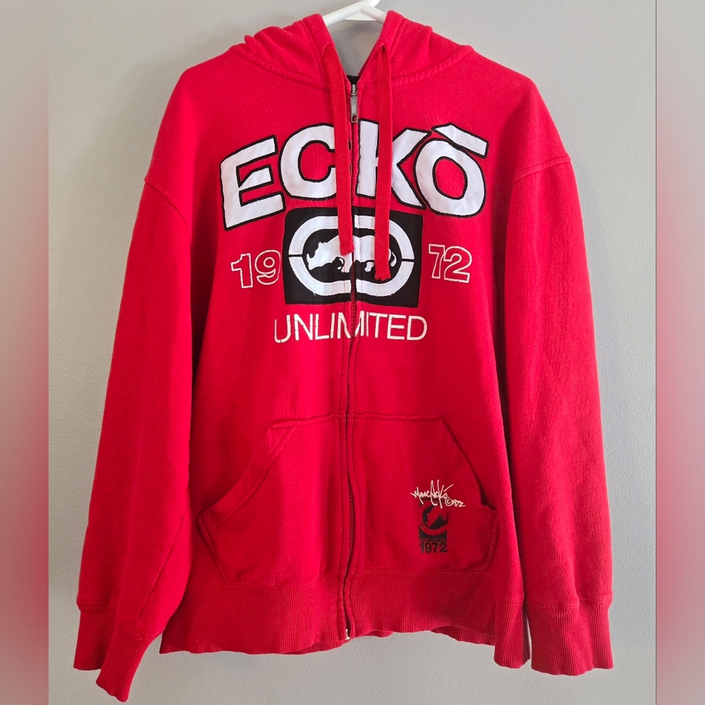 Vintage‎ Ecko Unltd 1972 Big Logo, full Zip Y2K Hoodie Red Men's Size L. In good